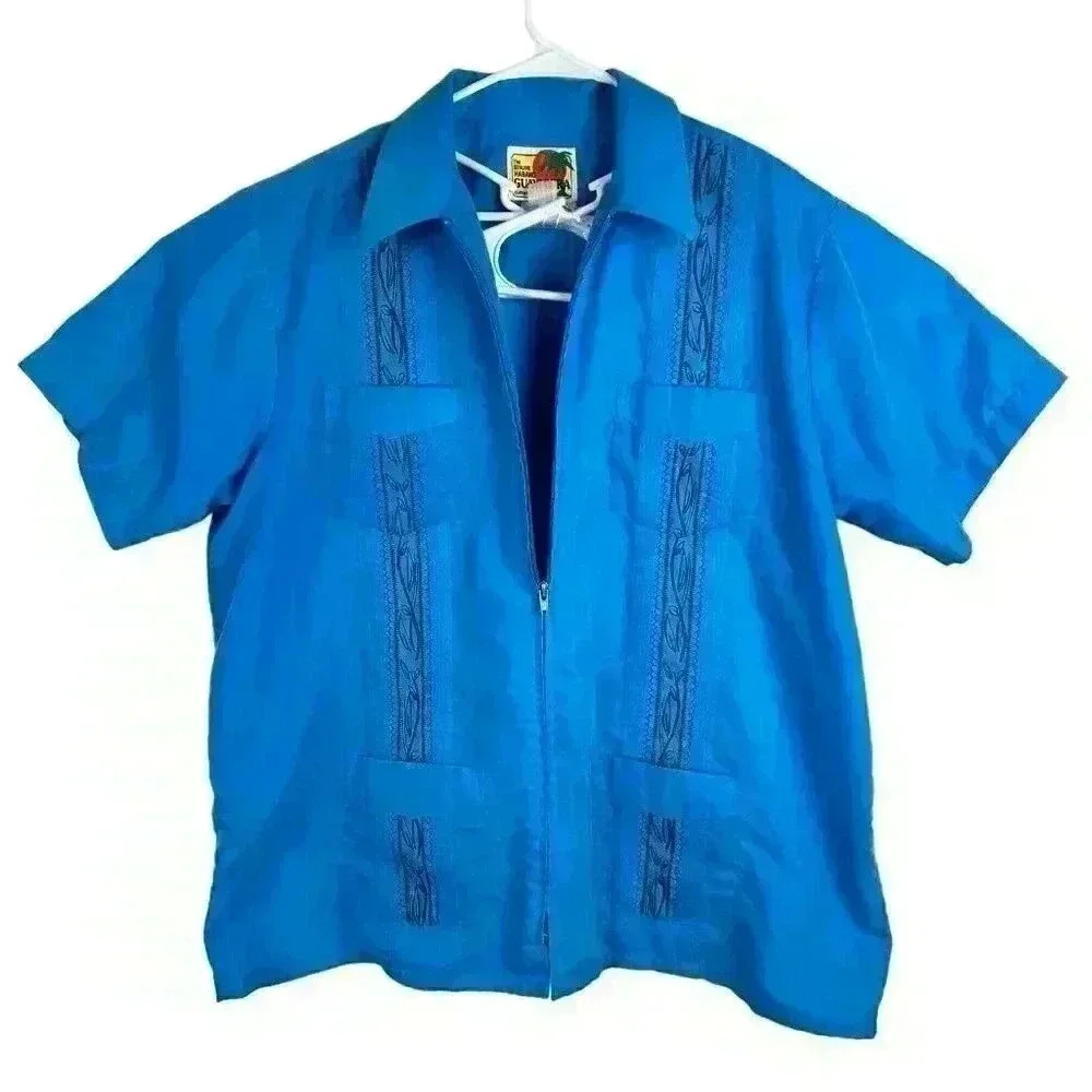 The Genuine Haband‎ Guayabera Full Zip Cuban Cigar Bowling Shirt Turquoise Men’s - Picture 5 of 10